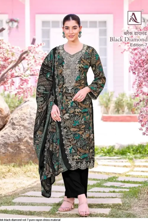 Pure Reyon Discharge Print Dress Material With Daman Embroidery Lace